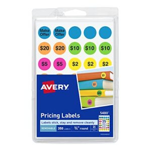 avery preprinted removable garage sale labels, 0.75 inches, round, pack of 350 (5480),assorted neon