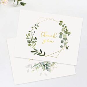 VEEYOL 100 Gold Foil Greenery Thank You Cards with Envelopes, Watercolor Foliage Thank You Notes For Wedding, Baby Shower, Graduation, Bridal, Business, Anniversary