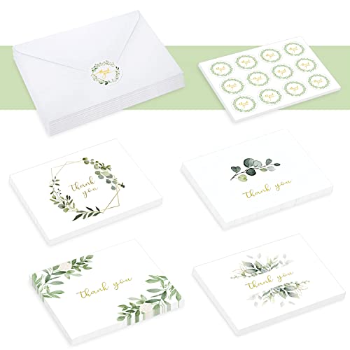VEEYOL 100 Gold Foil Greenery Thank You Cards with Envelopes, Watercolor Foliage Thank You Notes For Wedding, Baby Shower, Graduation, Bridal, Business, Anniversary