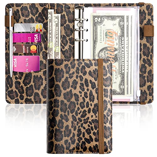 A6 Budget Binder for Money Saving Binder, PU Leather Budget Planner with 8 Cash Envelopes, Budget Sheets & Rose Gold Category Stickers, Money Organizer for Cash Binder (Leopard)