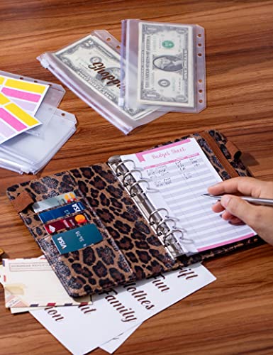 A6 Budget Binder for Money Saving Binder, PU Leather Budget Planner with 8 Cash Envelopes, Budget Sheets & Rose Gold Category Stickers, Money Organizer for Cash Binder (Leopard)