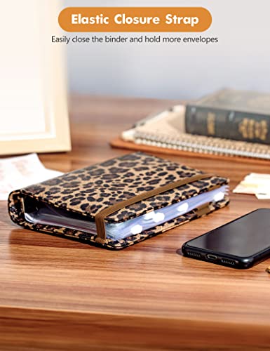 A6 Budget Binder for Money Saving Binder, PU Leather Budget Planner with 8 Cash Envelopes, Budget Sheets & Rose Gold Category Stickers, Money Organizer for Cash Binder (Leopard)