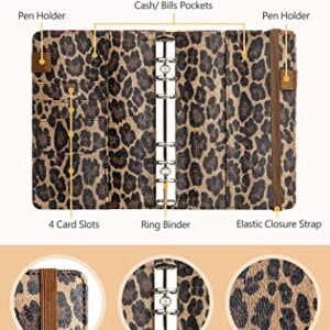 A6 Budget Binder for Money Saving Binder, PU Leather Budget Planner with 8 Cash Envelopes, Budget Sheets & Rose Gold Category Stickers, Money Organizer for Cash Binder (Leopard)