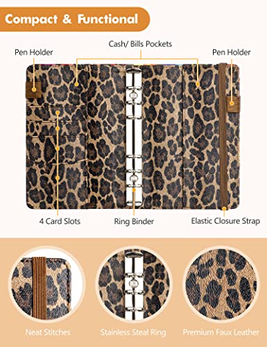 A6 Budget Binder for Money Saving Binder, PU Leather Budget Planner with 8 Cash Envelopes, Budget Sheets & Rose Gold Category Stickers, Money Organizer for Cash Binder (Leopard)