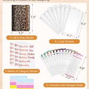 A6 Budget Binder for Money Saving Binder, PU Leather Budget Planner with 8 Cash Envelopes, Budget Sheets & Rose Gold Category Stickers, Money Organizer for Cash Binder (Leopard)