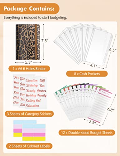 A6 Budget Binder for Money Saving Binder, PU Leather Budget Planner with 8 Cash Envelopes, Budget Sheets & Rose Gold Category Stickers, Money Organizer for Cash Binder (Leopard)