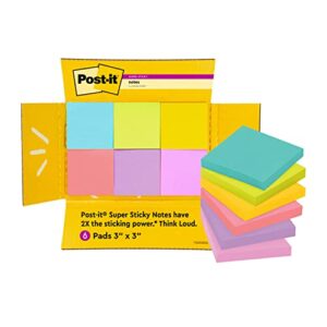 post-it super sticky notes, 3×3 in, 6 pads/pack, 90 sheets/pad, amazon exclusive bright color collection, aqua splash, acid lime, tropical pink, sunnyside, guava and iris infusion