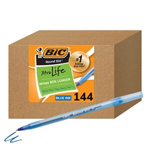 bic round stic xtra life blue ballpoint pens, medium point (1.0mm), 144-count pack of bulk pens, flexible round barrel for writing comfort, no. 1 selling ballpoint pens