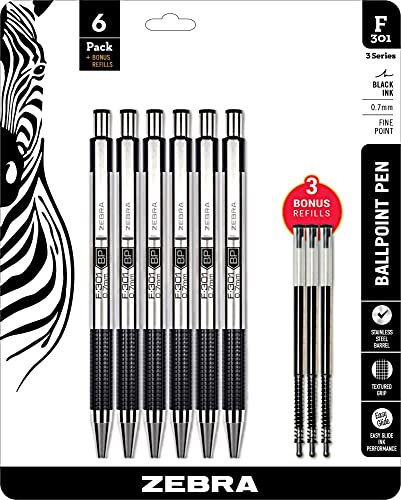 Zebra F-301 Ballpoint Stainless Steel Retractable, 0.7mm, Black Ink, Combo Pack of 6 BLACK INK Metal Pens with 3 BLACK INK REFILLS, 0.7mm fine point pens with Pen Refill