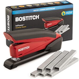 bostitch stapler with staples – inpower red stapler – spring powered stapler with 1260 staples – built-in staple remover – staple storage compartment – one touch heavy duty staplers for desk