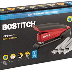 Bostitch Stapler with Staples - InPower Red Stapler - Spring Powered Stapler with 1260 Staples - Built-in Staple Remover - Staple Storage Compartment - One Touch Heavy Duty Staplers for Desk