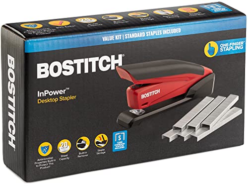 Bostitch Stapler with Staples - InPower Red Stapler - Spring Powered Stapler with 1260 Staples - Built-in Staple Remover - Staple Storage Compartment - One Touch Heavy Duty Staplers for Desk