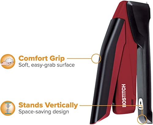 Bostitch Stapler with Staples - InPower Red Stapler - Spring Powered Stapler with 1260 Staples - Built-in Staple Remover - Staple Storage Compartment - One Touch Heavy Duty Staplers for Desk