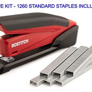 Bostitch Stapler with Staples - InPower Red Stapler - Spring Powered Stapler with 1260 Staples - Built-in Staple Remover - Staple Storage Compartment - One Touch Heavy Duty Staplers for Desk