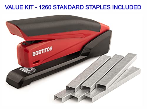 Bostitch Stapler with Staples - InPower Red Stapler - Spring Powered Stapler with 1260 Staples - Built-in Staple Remover - Staple Storage Compartment - One Touch Heavy Duty Staplers for Desk