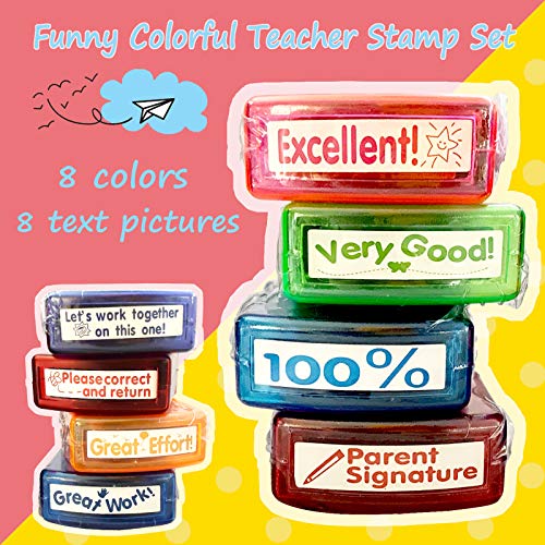 Bertiveny Teacher Stamps for Grading Classroom，Parent Signature Teacher Self-Inking Stamp Set Stamps for Homework Teacher Supplies with 8 pcs