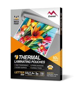 everest thermal laminating pouches, 8.9 x 11.4 – inches, 3 mil thick, 110 – pack, letter size sheets, clear(th0300-01)