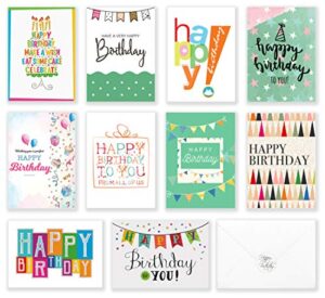 120 happy birthday cards with short generic message inside , assorted greeting notes bulk with envelopes and stickers, 10 unique designs, 4×6 inch, thick cardstock, sturdy box for business and personal