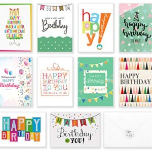 120 Happy Birthday Cards with Short Generic Message Inside , Assorted Greeting Notes Bulk with Envelopes and Stickers, 10 Unique Designs, 4x6 Inch, Thick Cardstock, Sturdy Box for Business and Personal