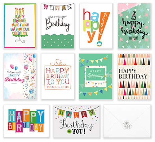 120 Happy Birthday Cards with Short Generic Message Inside , Assorted Greeting Notes Bulk with Envelopes and Stickers, 10 Unique Designs, 4x6 Inch, Thick Cardstock, Sturdy Box for Business and Personal