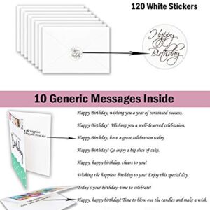 120 Happy Birthday Cards with Short Generic Message Inside , Assorted Greeting Notes Bulk with Envelopes and Stickers, 10 Unique Designs, 4x6 Inch, Thick Cardstock, Sturdy Box for Business and Personal