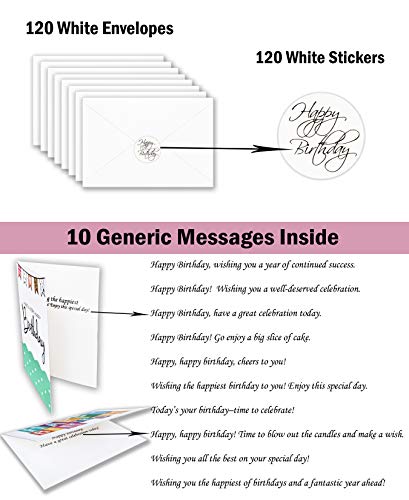 120 Happy Birthday Cards with Short Generic Message Inside , Assorted Greeting Notes Bulk with Envelopes and Stickers, 10 Unique Designs, 4x6 Inch, Thick Cardstock, Sturdy Box for Business and Personal