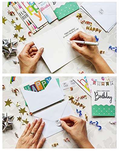 120 Happy Birthday Cards with Short Generic Message Inside , Assorted Greeting Notes Bulk with Envelopes and Stickers, 10 Unique Designs, 4x6 Inch, Thick Cardstock, Sturdy Box for Business and Personal