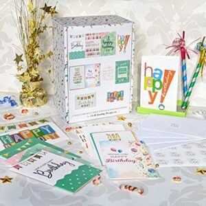 120 Happy Birthday Cards with Short Generic Message Inside , Assorted Greeting Notes Bulk with Envelopes and Stickers, 10 Unique Designs, 4x6 Inch, Thick Cardstock, Sturdy Box for Business and Personal