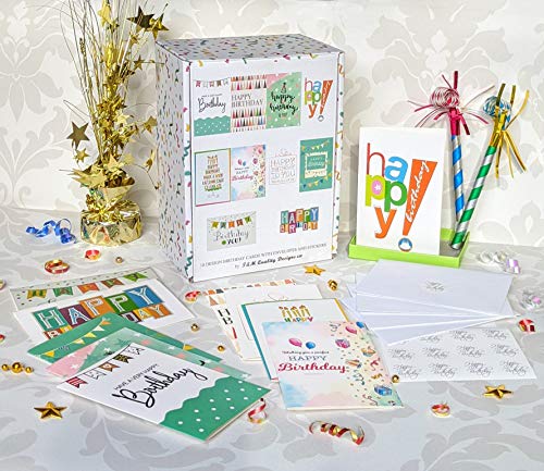 120 Happy Birthday Cards with Short Generic Message Inside , Assorted Greeting Notes Bulk with Envelopes and Stickers, 10 Unique Designs, 4x6 Inch, Thick Cardstock, Sturdy Box for Business and Personal