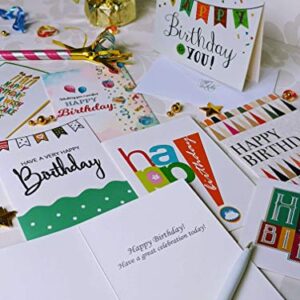 120 Happy Birthday Cards with Short Generic Message Inside , Assorted Greeting Notes Bulk with Envelopes and Stickers, 10 Unique Designs, 4x6 Inch, Thick Cardstock, Sturdy Box for Business and Personal