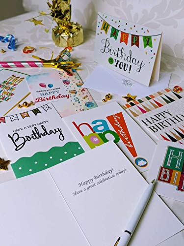 120 Happy Birthday Cards with Short Generic Message Inside , Assorted Greeting Notes Bulk with Envelopes and Stickers, 10 Unique Designs, 4x6 Inch, Thick Cardstock, Sturdy Box for Business and Personal