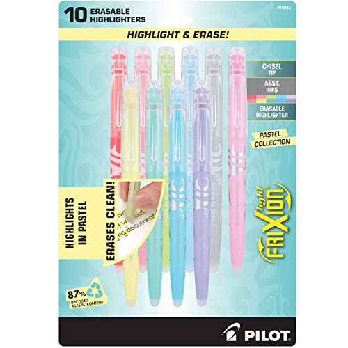 PILOT FriXion Light Pastel Collection Erasable Highlighters, Chisel Tip, Assorted Color Inks, 10-Pack