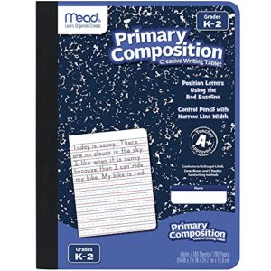 mead primary composition notebook, wide ruled comp book, lined paper, grades k-2 writing workbook, dotted notebook perfect for home school supplies, 100 sheets, blue marble (09902)