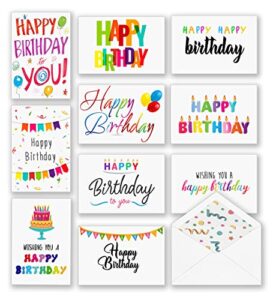 100 happy birthday cards bulk, large 5×7 inch assorted, with envelopes ,stickers and simple greetings inside , 10 unique designs, thick card stock box set