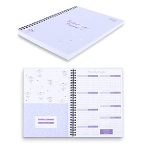 monthly budget planner book (undated) with 12 pockets for income, debt, saving, expense and bill tracker organizer, purple, spiral design