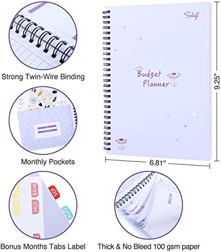 Monthly Budget Planner Book (Undated) with 12 Pockets for Income, Debt, Saving, Expense and Bill Tracker Organizer, Purple, Spiral Design