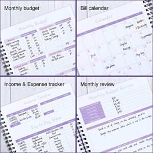 Monthly Budget Planner Book (Undated) with 12 Pockets for Income, Debt, Saving, Expense and Bill Tracker Organizer, Purple, Spiral Design