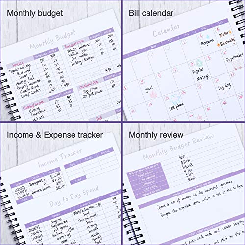 Monthly Budget Planner Book (Undated) with 12 Pockets for Income, Debt, Saving, Expense and Bill Tracker Organizer, Purple, Spiral Design