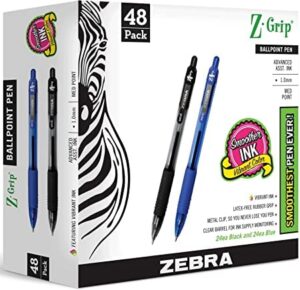 zebra pen bulk pack of 48 ink pens z-grip retractable ballpoint pens medium point 1.0 mm 24 black pens & 24 blue pens combo pack
