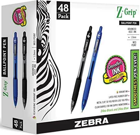 Zebra Pen bulk pack of 48 ink pens Z-Grip Retractable ballpoint pens Medium point 1.0 mm 24 black pens & 24 Blue pens combo pack