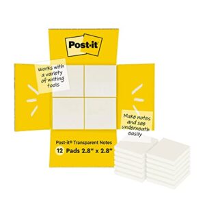 post-it transparent sticky notes, 3×3 in, 12 pads/pack, 36 sheets/pad, sticks securely and removes cleanly