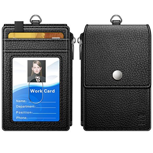 ELV Badge Holder with Zipper, PU Leather ID Badge Card Holder Wallet with 5 Card Slots, 1 Side RFID Blocking Pocket and 20 inch Neck Lanyard Strap for Offices ID, School ID, Driver Licence (Black)