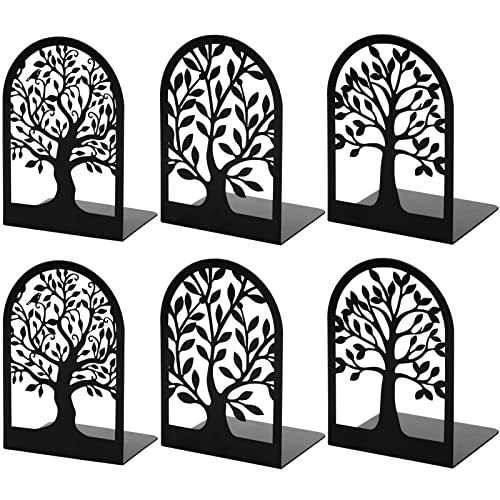 Bookends, Book Ends, Metal Bookends for Shelves Decorative, Tree Bookend Stopper for Heavy Books, Black Book Ends to Hold Books for Home Office, 6.5 X 4.7 X 3.5 Inch(3 Pairs/6 Pcs, Large)