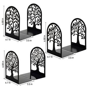 Bookends, Book Ends, Metal Bookends for Shelves Decorative, Tree Bookend Stopper for Heavy Books, Black Book Ends to Hold Books for Home Office, 6.5 X 4.7 X 3.5 Inch(3 Pairs/6 Pcs, Large)