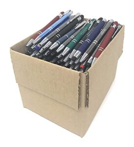 5 lb. box of assorted misprint metal retractable ball point – bulk misprinted pens, stylus tip, comfort grips, wholesale office home school black blue ink – approximately 120 pens per box