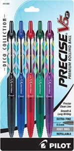 pilot precise v5 rt deco collection refillable & retractable liquid ink rolling ball pens, extra fine point (0.5mm) black/blue/red/green/purple inks, 5-pack (41980)