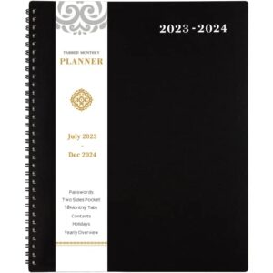 Monthly Planner/Calendar 2023-2024 - 2023-2024 Monthly Planner, Jul. 2023 - Dec. 2024, 18-Month Planner with Tabs & Pocket & Label, Contacts and Passwords, 8.5" x 11", Thick Paper, Twin-Wire Binding - Black by Artfan