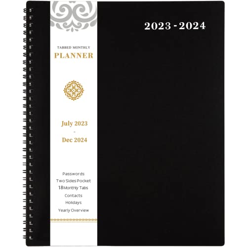 Monthly Planner/Calendar 2023-2024 - 2023-2024 Monthly Planner, Jul. 2023 - Dec. 2024, 18-Month Planner with Tabs & Pocket & Label, Contacts and Passwords, 8.5" x 11", Thick Paper, Twin-Wire Binding - Black by Artfan