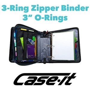 Case-it The Mighty Zip Tab Zipper Binder - 3 Inch O-Rings - 5 Color Tab Expanding File Folder - Multiple Pockets - 600 Sheet Capacity - Comes With Shoulder Strap - Blue D-146