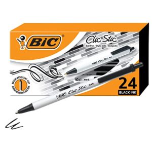 bic clic stic black retractable ballpoint pens, medium point (1.0mm), 24-count pack, round barrel design for comfortable writing